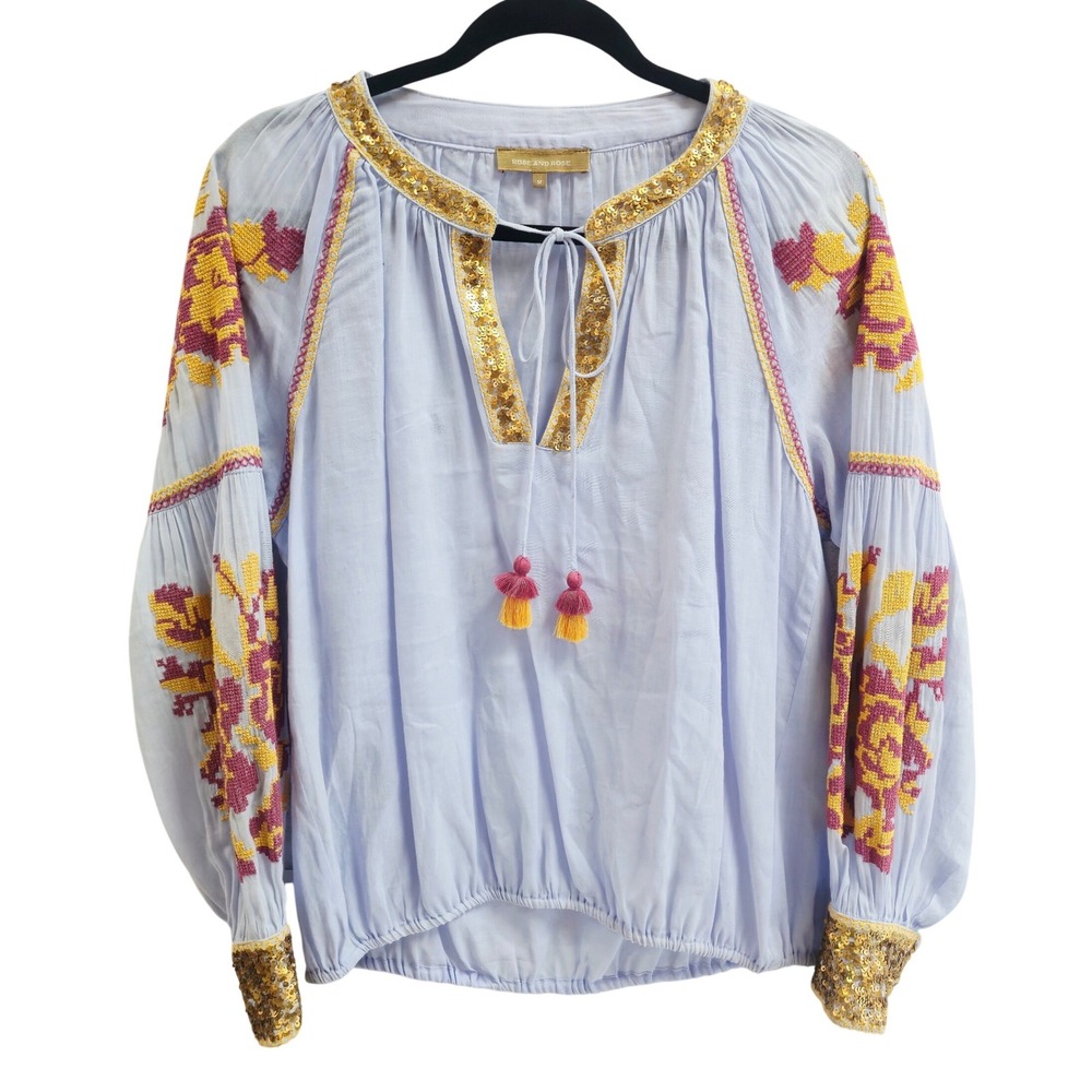 Rose and Rose Light Blue Embroidered Sequin Peasant Blouse Top M Boho Tassels